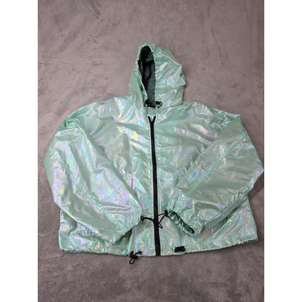 Joujou Womens Holographic Iridescent Mint Green Hooded Windbreaker Jacket Large